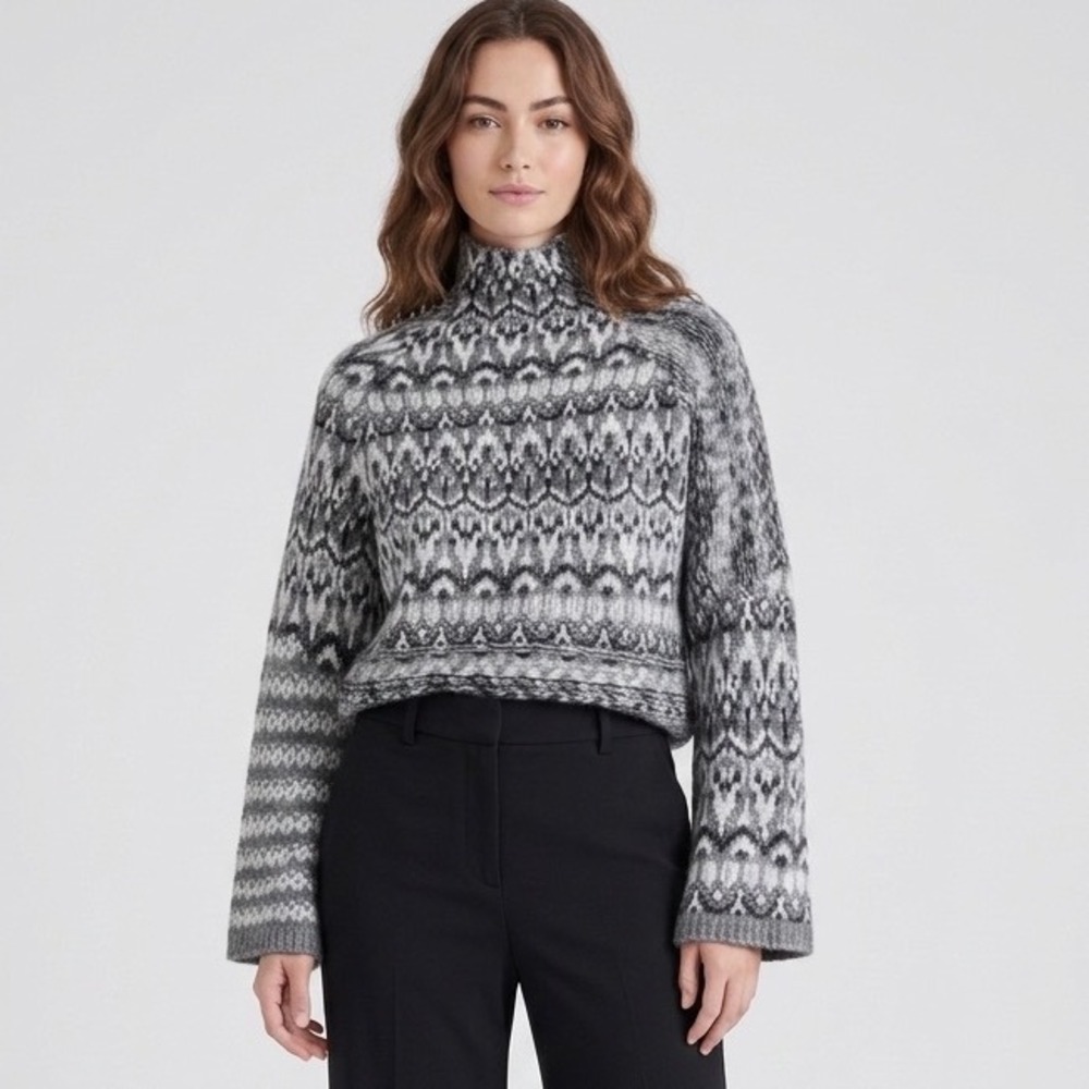 Steve Madden Fair Isle Mock Neck Knit‎ Sweater Grey Black White XS NEW